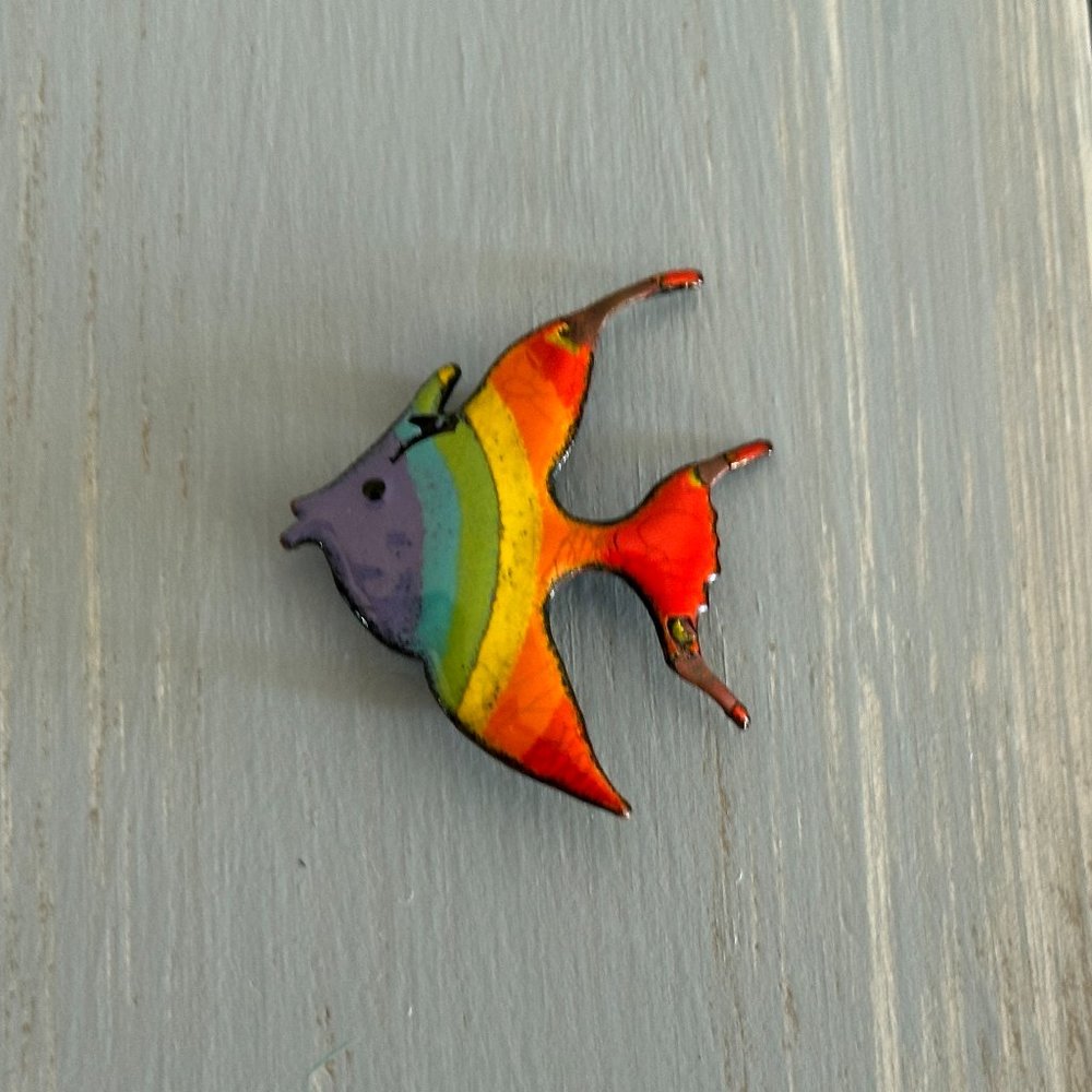 Beautiful Vintage Brooch Colorful Rainbow Enamel Angel Fish